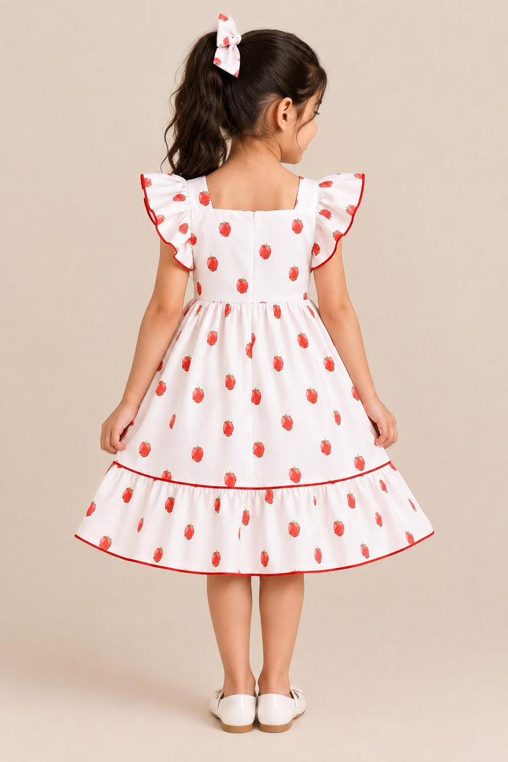White Strawberry Print Ruffle Sleeve Flared Dress
