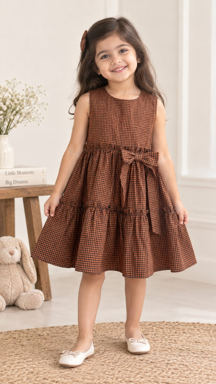 Brown Gingham Tiered Dress with Waist Bow