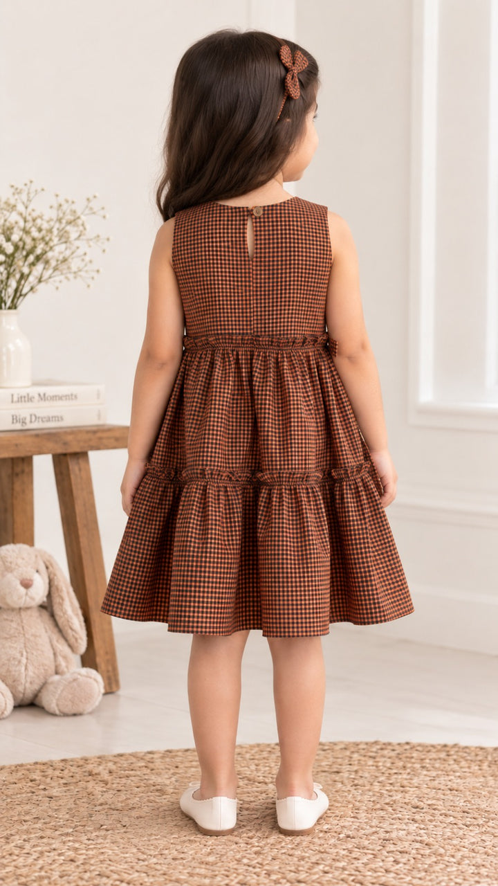 Brown Gingham Tiered Dress with Waist Bow