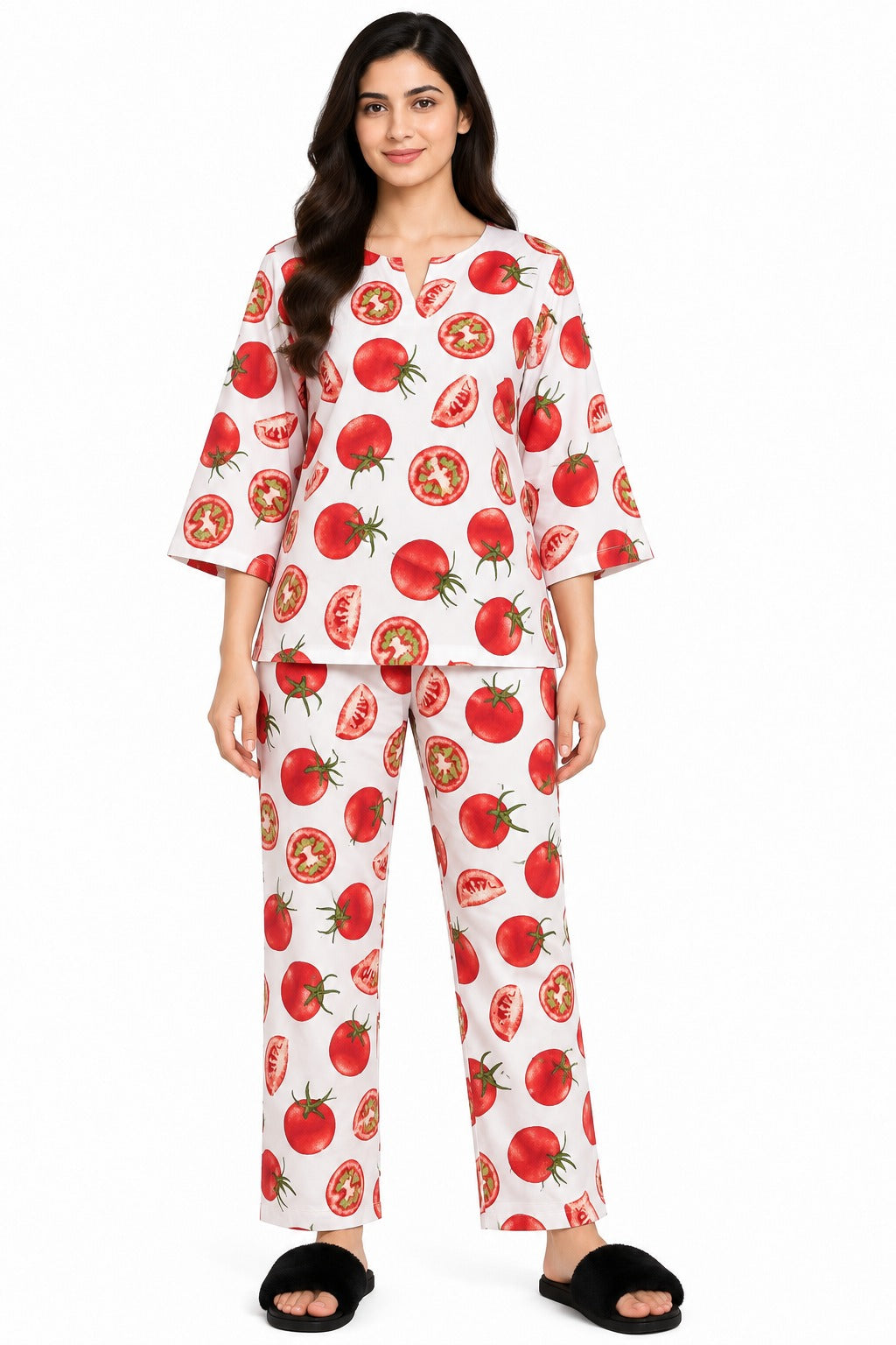 Tomato Garden Print V-Neck 3/4th Sleeve Women's Night Suit