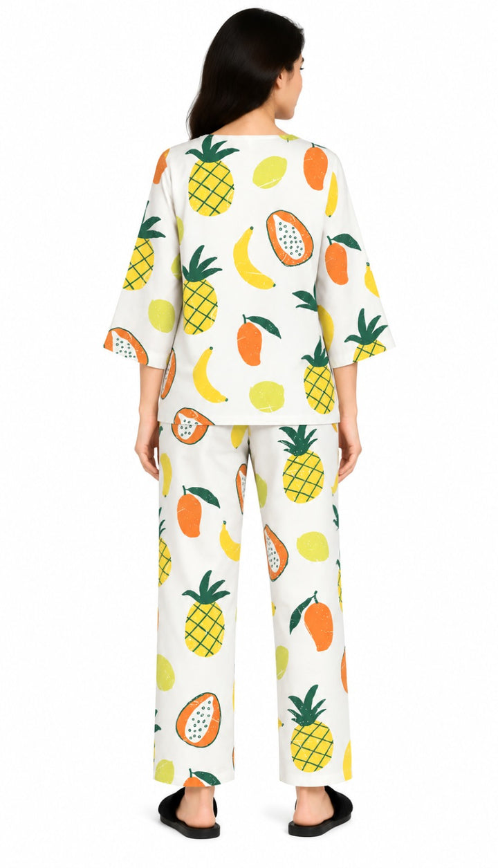 Tropical Fruit Fiesta V-Neck 3/4th Sleeve Women's Night Suit