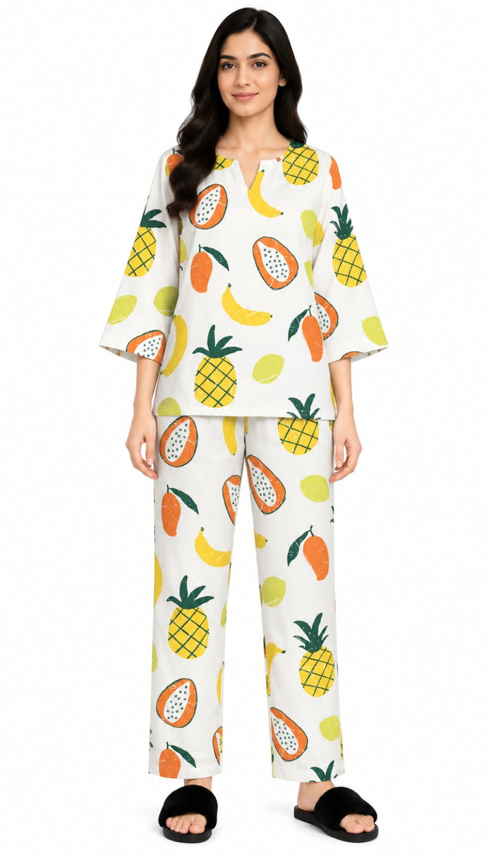 Tropical Fruit Fiesta V-Neck 3/4th Sleeve Women's Night Suit