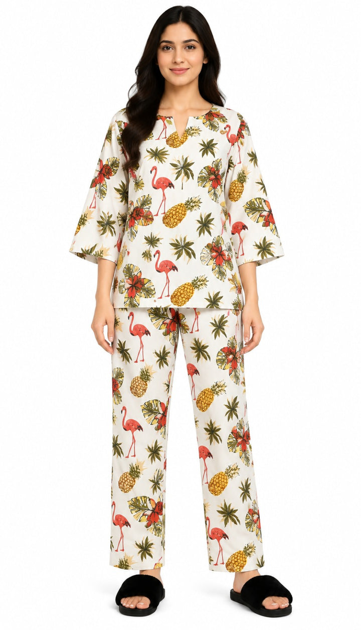 Tropical Flamingo Paradise V-Neck 3/4th Sleeve Women's Night Suit