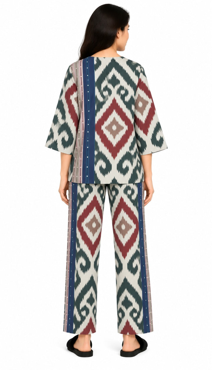 Indigo Heritage Ikat V-Neck 3/4th Sleeve Women's Night Suit
