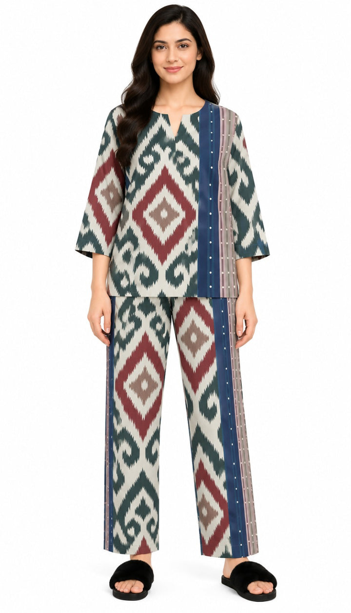 Indigo Heritage Ikat V-Neck 3/4th Sleeve Women's Night Suit