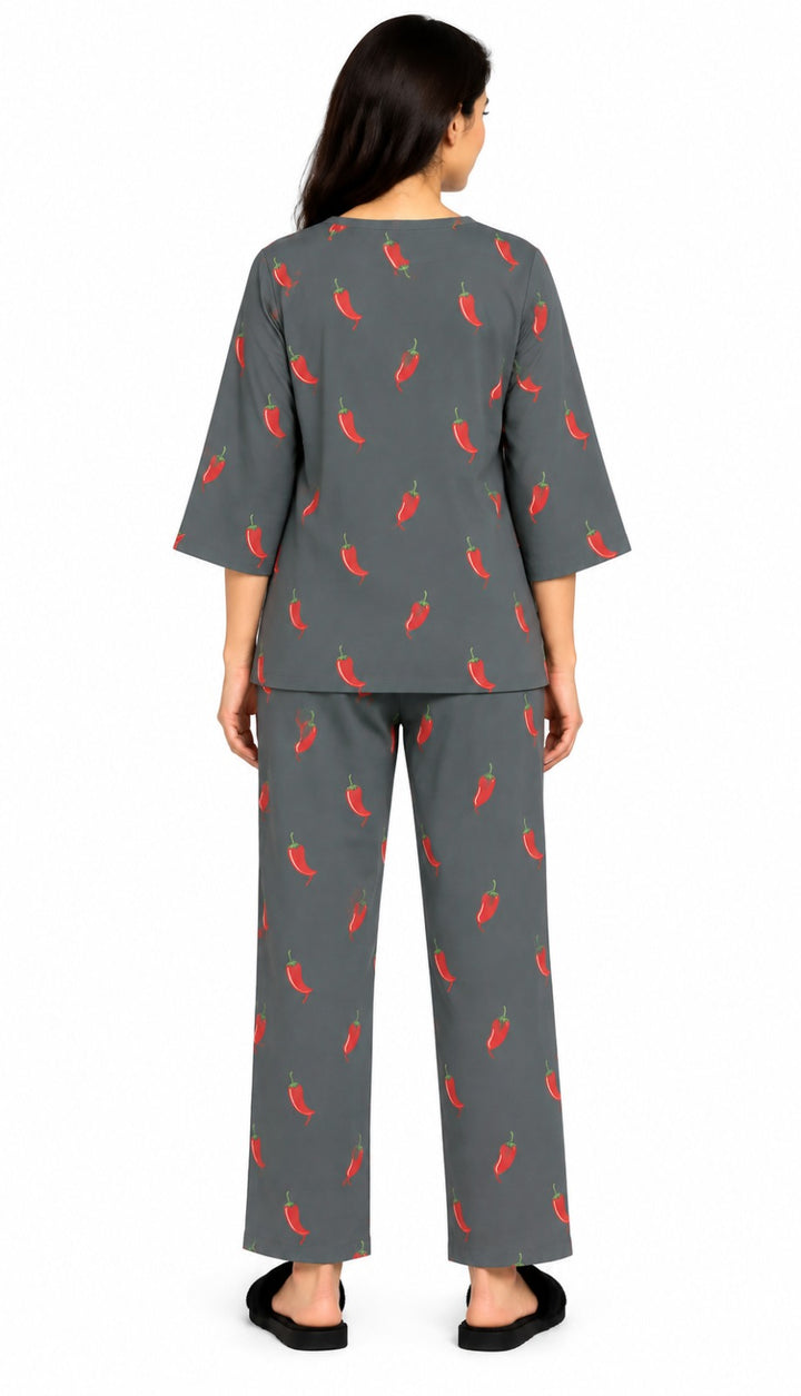 Chilli Pop Print V-Neck 3/4th Sleeve Women's Night Suit