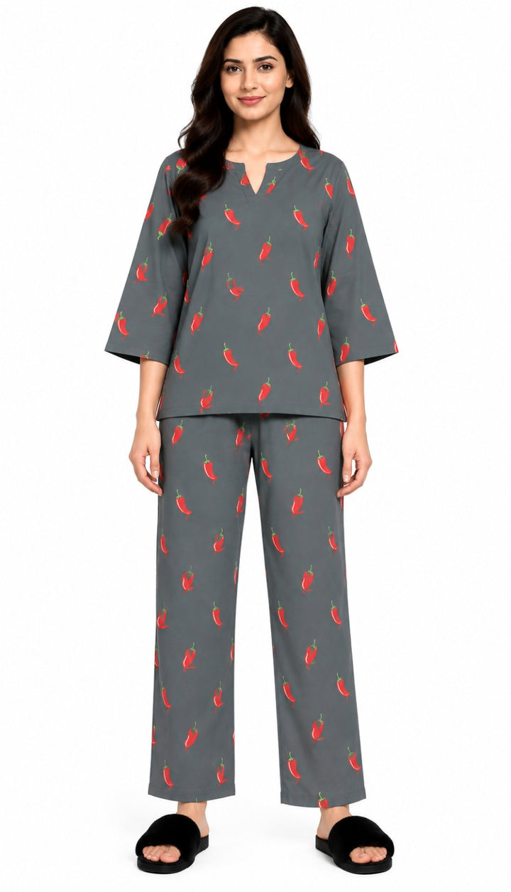 Chilli Pop Print V-Neck 3/4th Sleeve Women's Night Suit