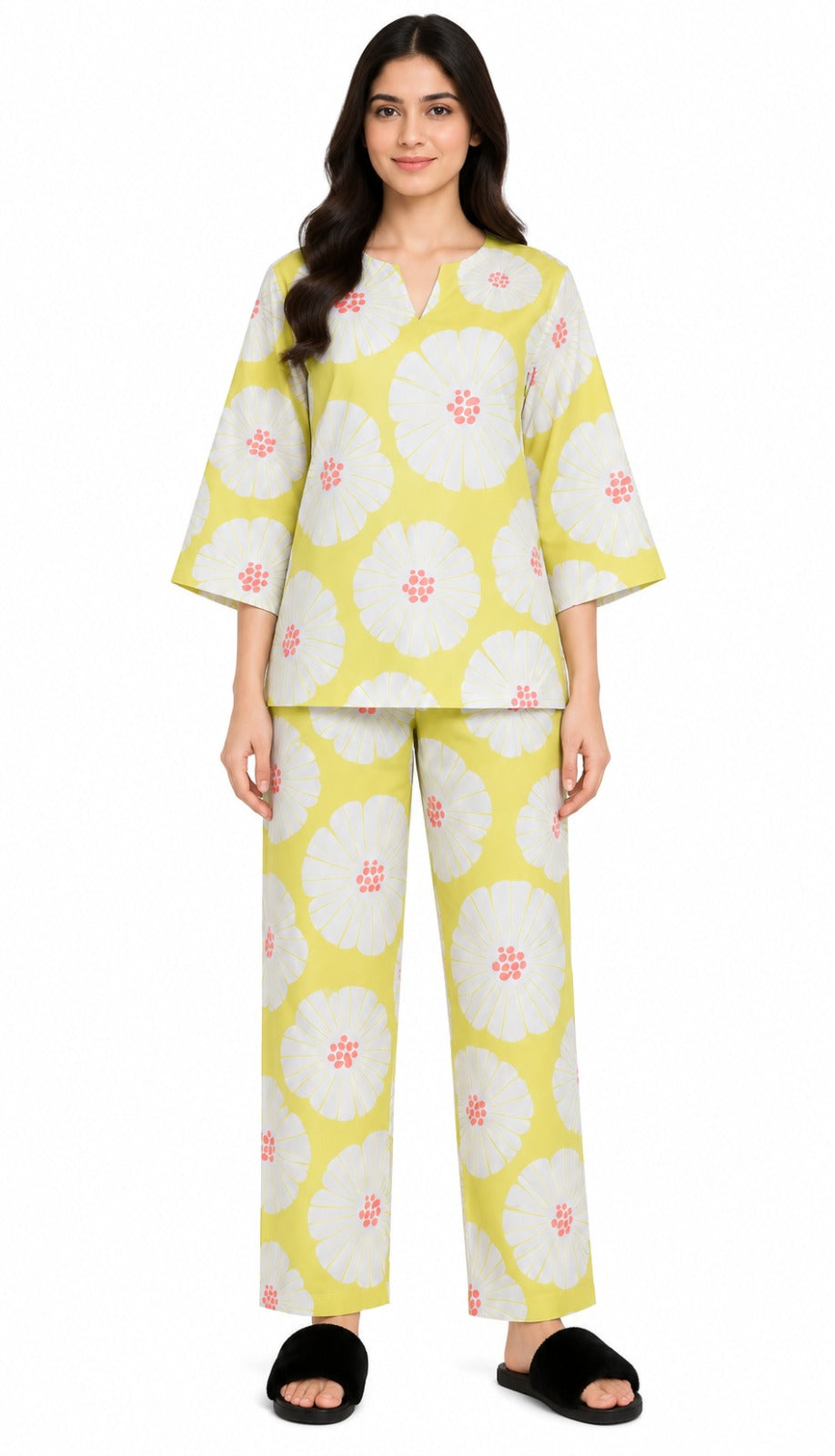 Lemon Bloom Print V-Neck 3/4th Sleeve Women's Night Suit