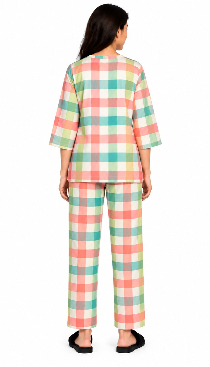 Pastel Picnic Check V-Neck 3/4th Sleeve Women's Night Suit
