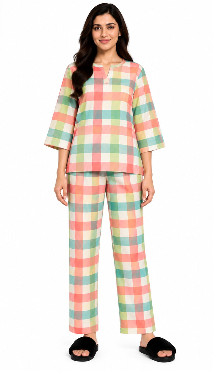 Pastel Picnic Check V-Neck 3/4th Sleeve Women's Night Suit