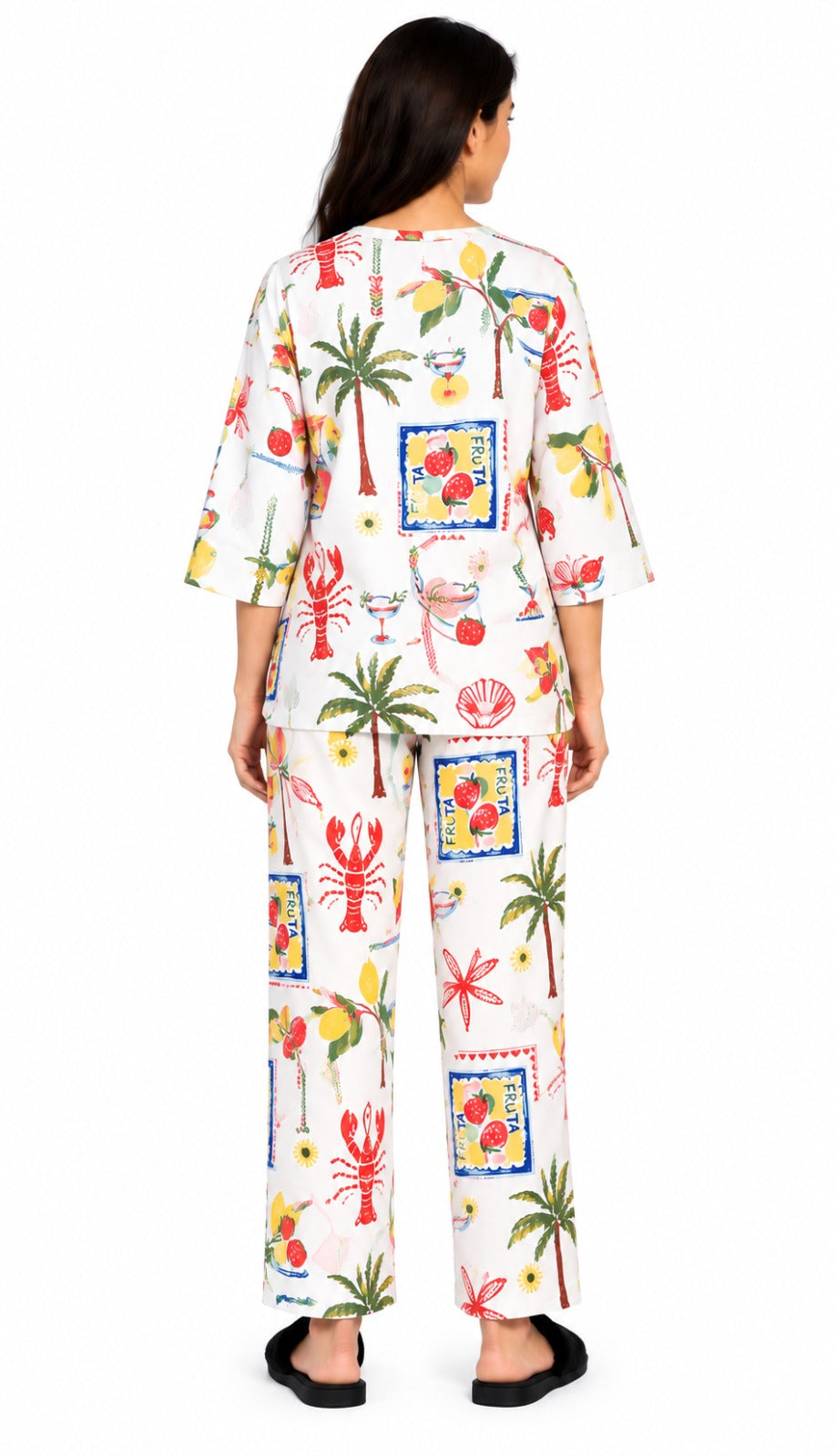 Tropical Postcard Print V-Neck 3/4th Sleeve Women's Night Suit