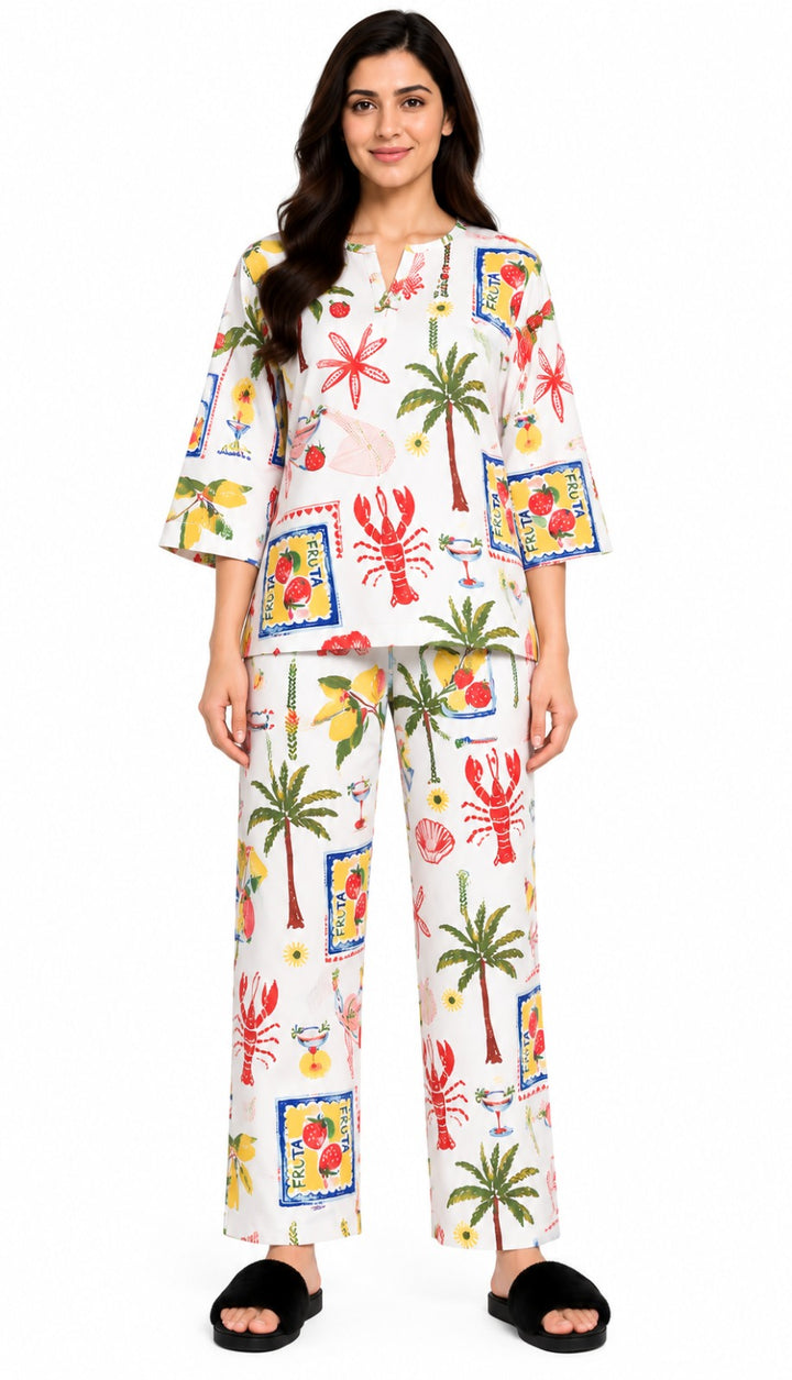 Tropical Postcard Print V-Neck 3/4th Sleeve Women's Night Suit