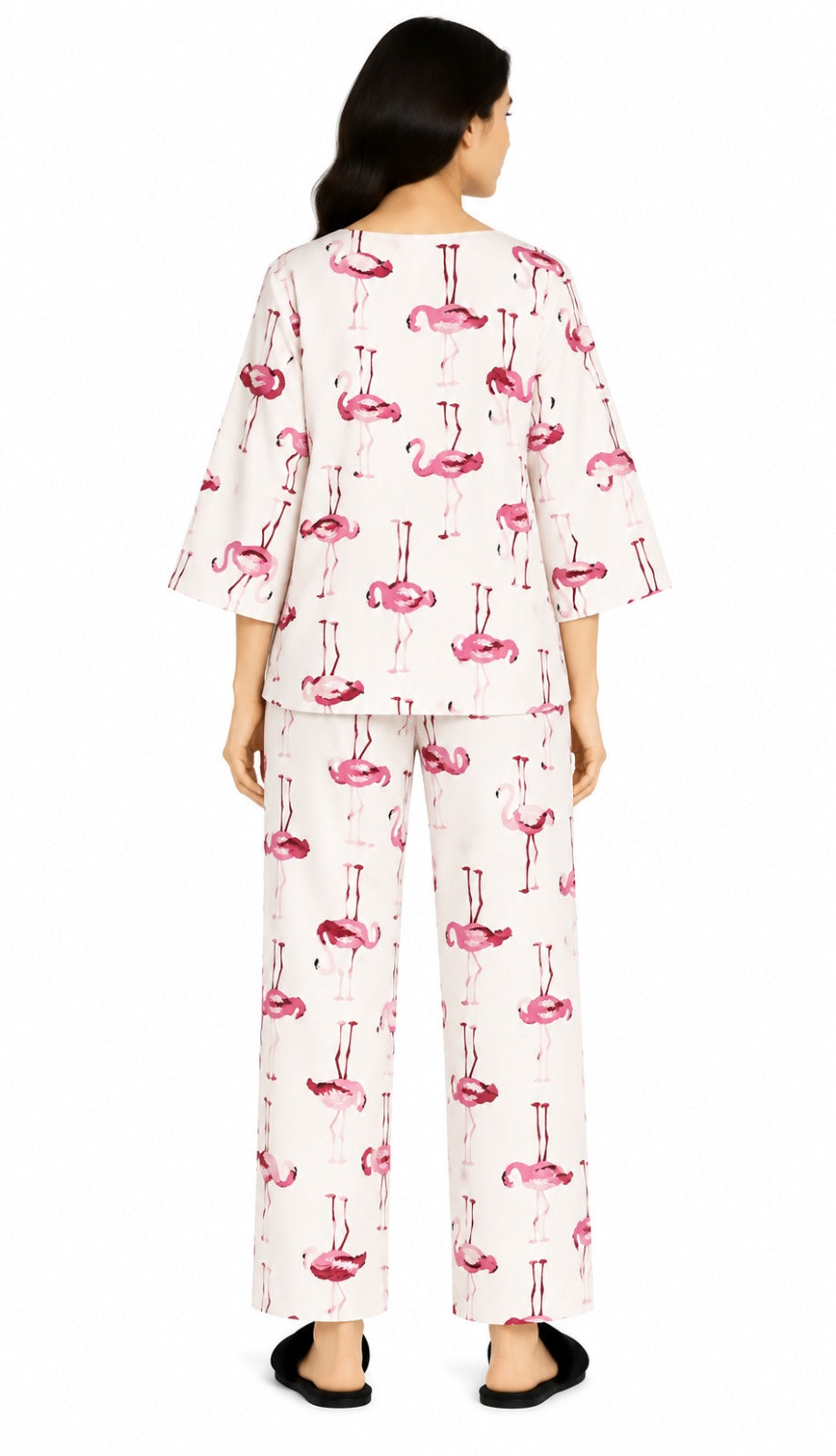Flamingo Dreams Print V-Neck 3/4th Sleeve Women's Night Suit