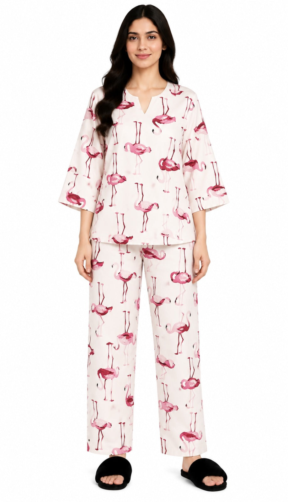 Flamingo Dreams Print V-Neck 3/4th Sleeve Women's Night Suit