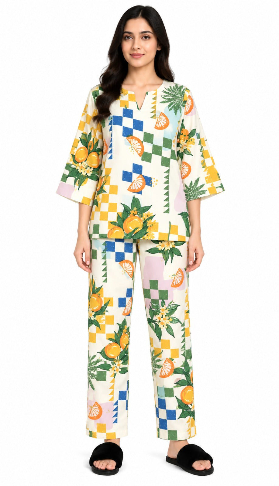 Citrus Garden Print V-Neck 3/4th Sleeve Women's Night Suit