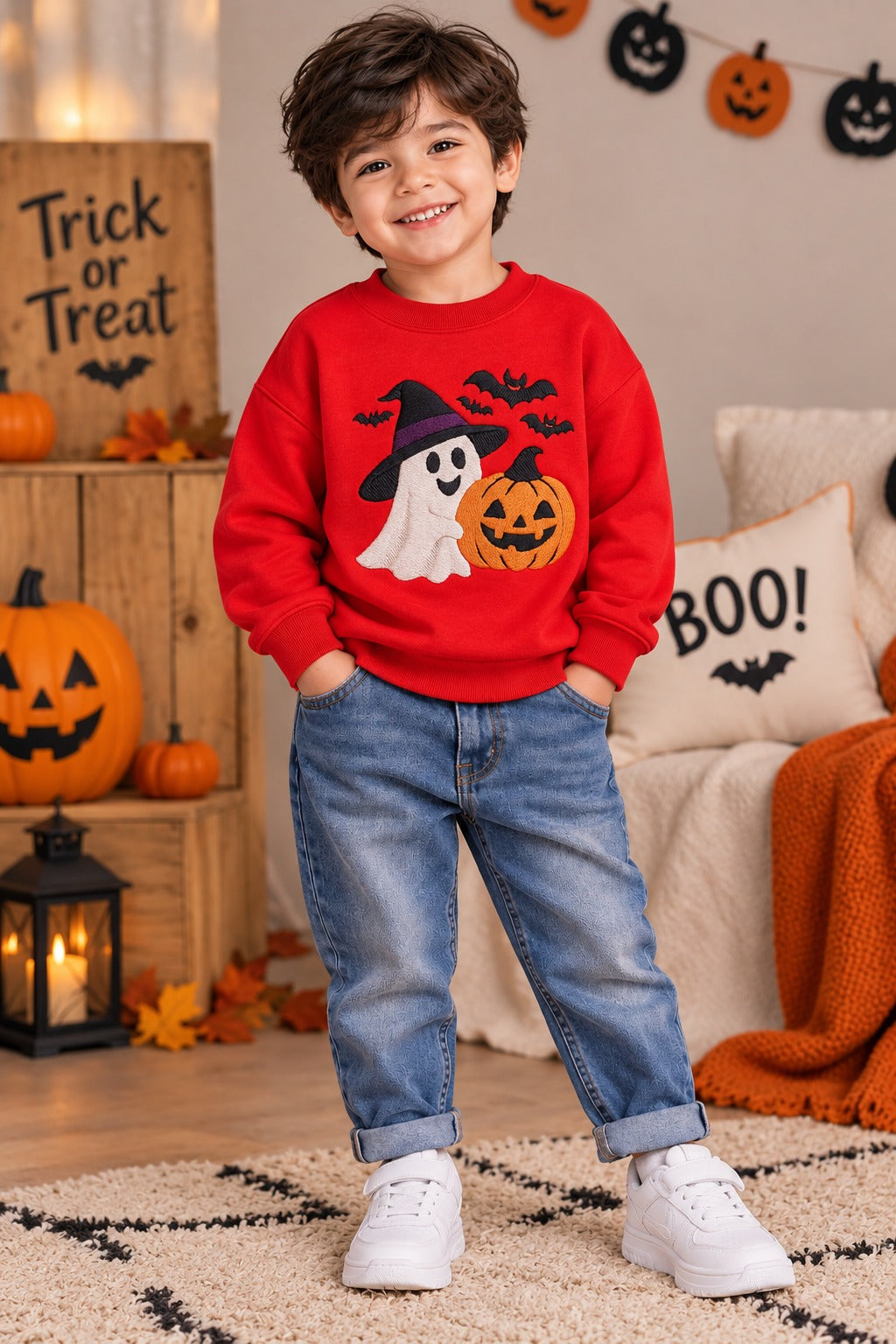 Boo & Pumpkin Hand Embroidery Sweatshirt