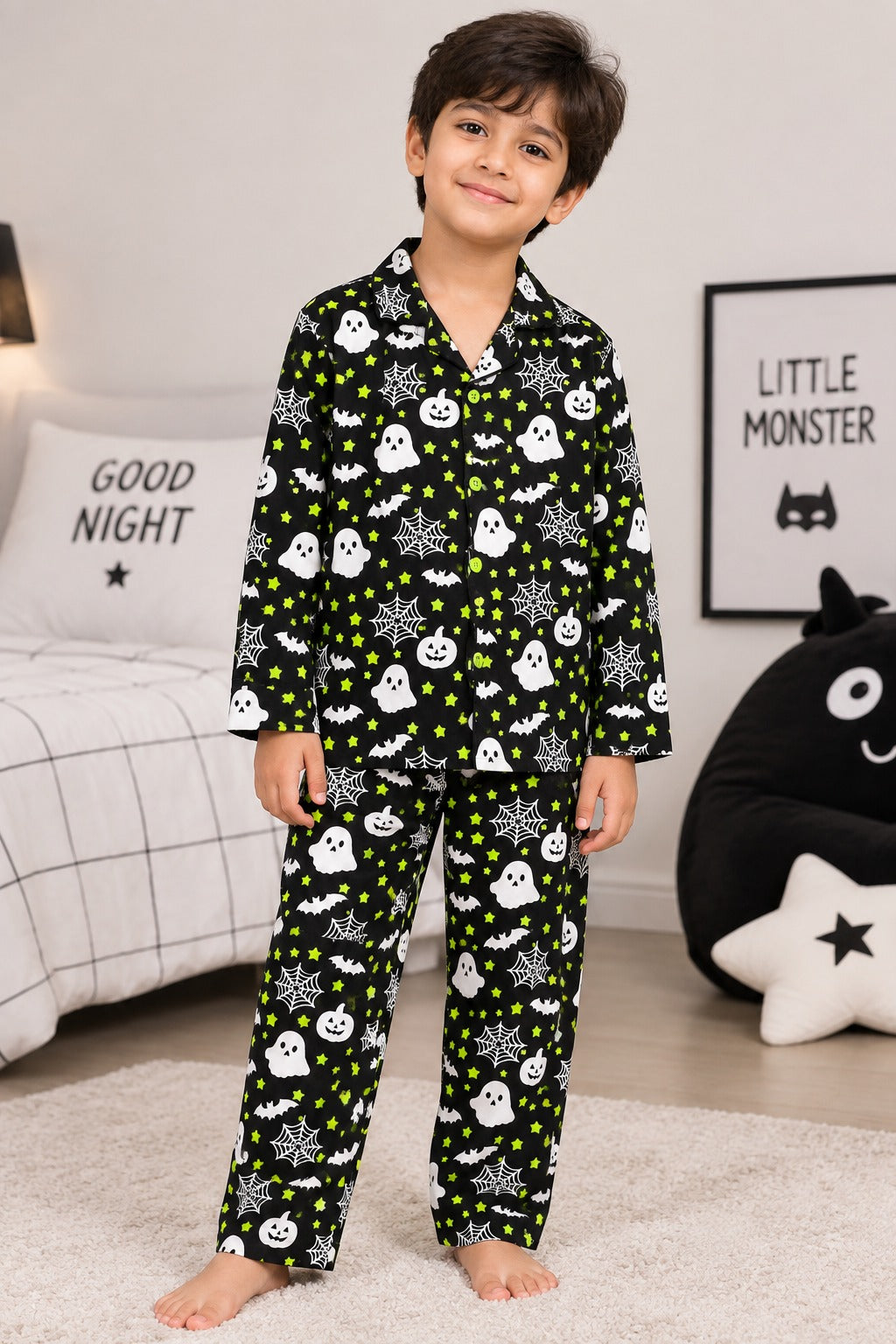 Haunted Star Glow In The Dark  Print Long Sleeve Kids Night Suit