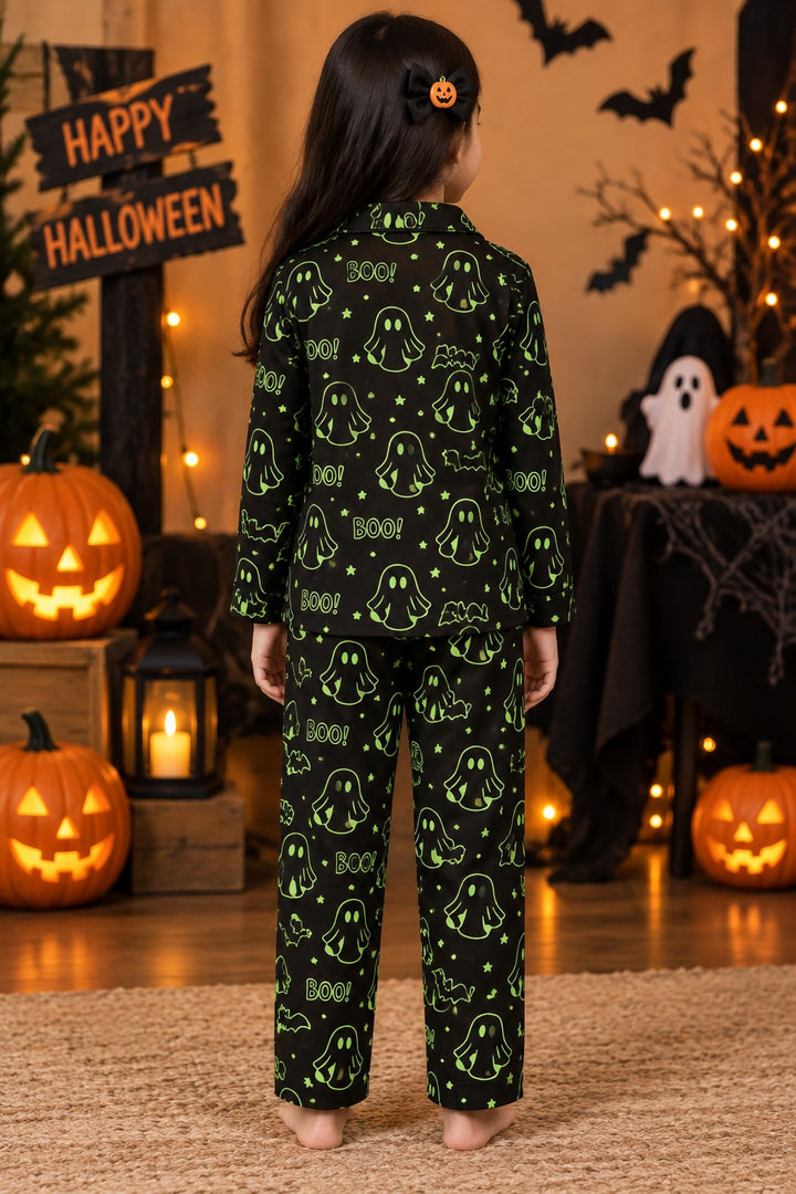 Trick or Treat Ghost Glow In The Dark  Print Long Sleeve Kids Night Suit