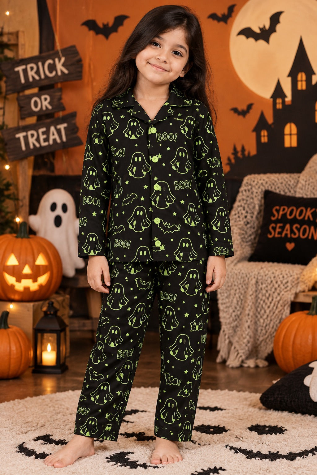 Trick or Treat Ghost Glow In The Dark  Print Long Sleeve Kids Night Suit