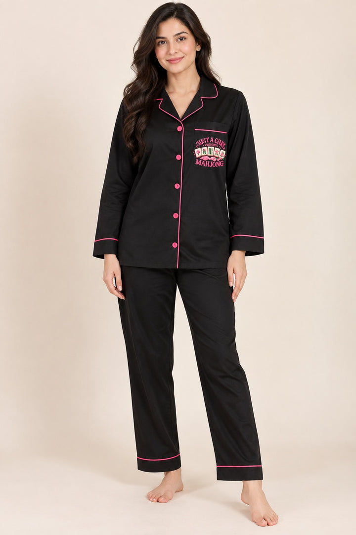 Just a Girl Who Loves Mahjong Print  Long Sleeve Women's Night Suit