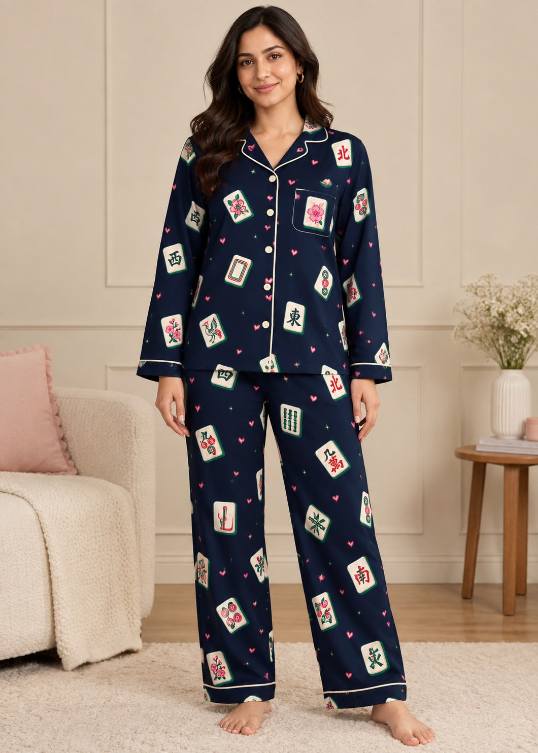 Mahjong Hearts Print  Long Sleeve Women's Night Suit