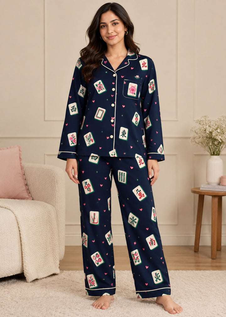 Mahjong Hearts Print  Long Sleeve Women's Night Suit
