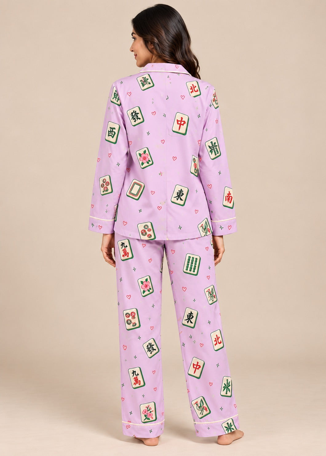 Lilac Mahjong Hearts Print  Long Sleeve Women's Night Suit