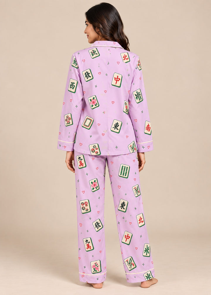 Lilac Mahjong Hearts Print  Long Sleeve Women's Night Suit