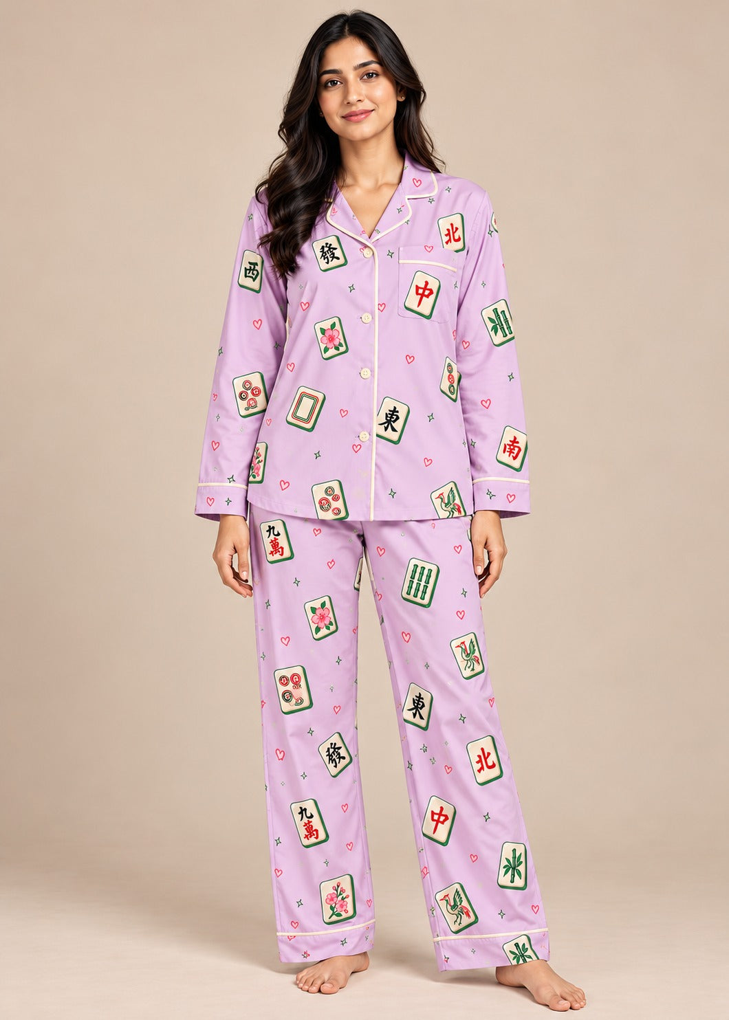 Lilac Mahjong Hearts Print  Long Sleeve Women's Night Suit