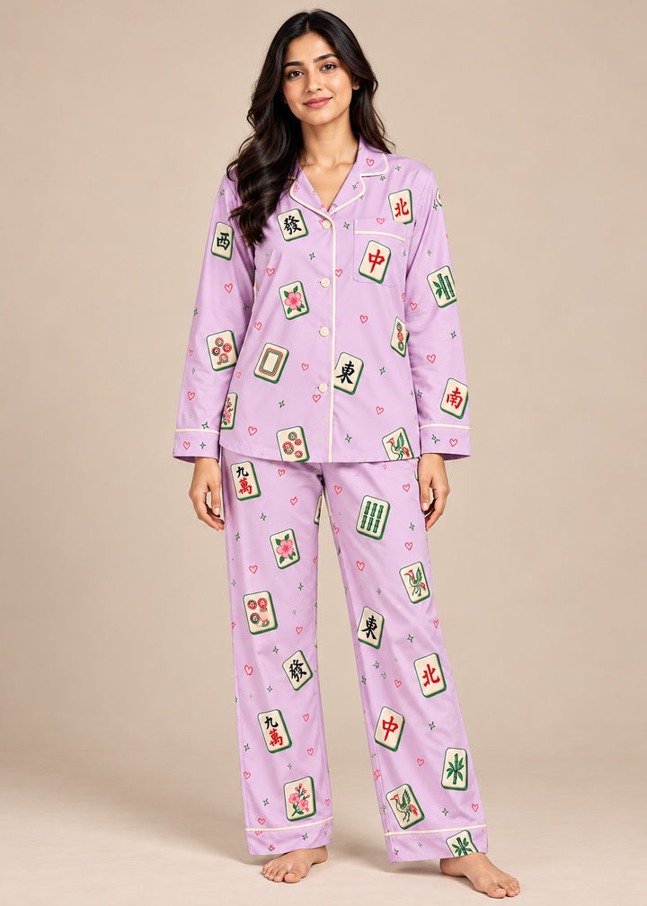 Lilac Mahjong Hearts Print  Long Sleeve Women's Night Suit