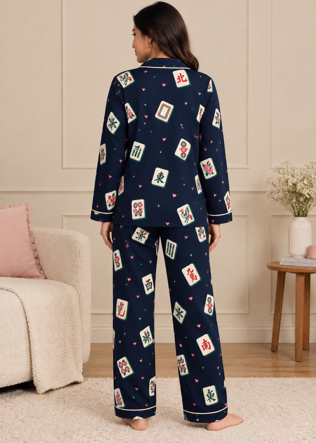 Mahjong Hearts Print  Long Sleeve Women's Night Suit