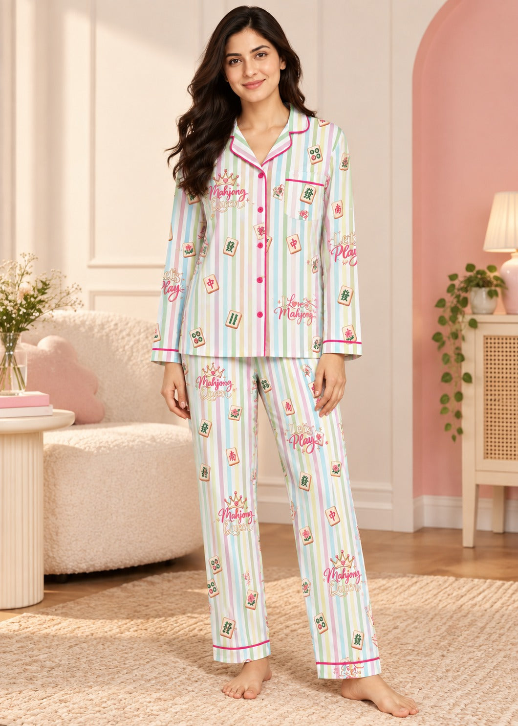 Mahjong & Stripes Print  Long Sleeve Women's Night Suit