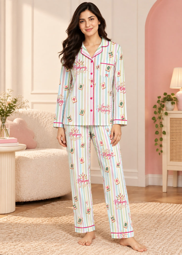 Mahjong & Stripes Print  Long Sleeve Women's Night Suit