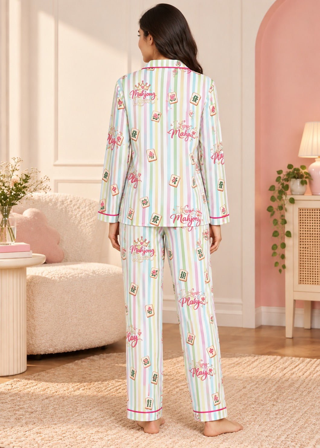 Mahjong & Stripes Print  Long Sleeve Women's Night Suit