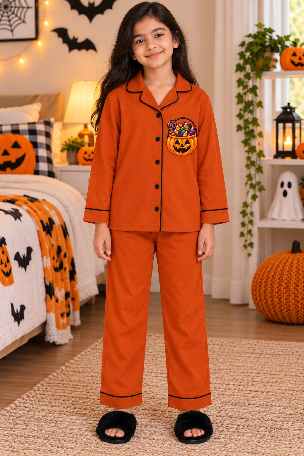 Halloween Candy Pumpkin Print Long Sleeve Kids Night Suit