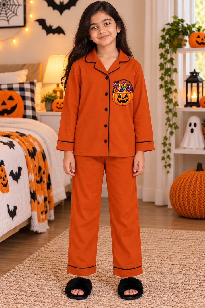 Halloween Candy Pumpkin Print Long Sleeve Kids Night Suit