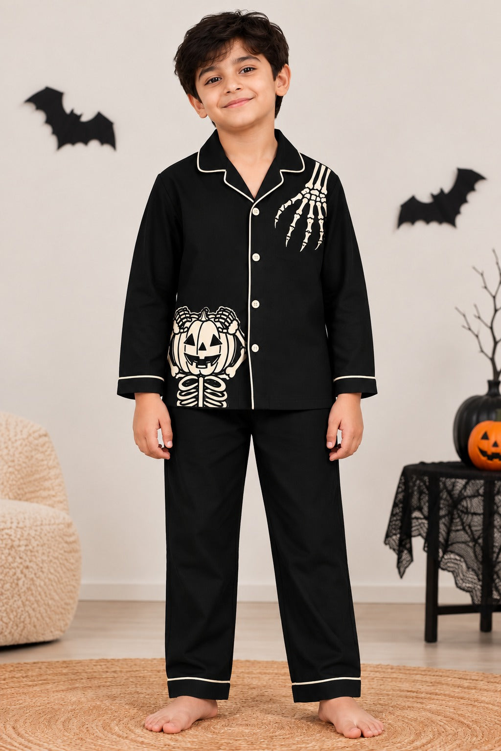 Spooky Skeleton Glow in The Dark  Long Sleeve Kids Night Suit