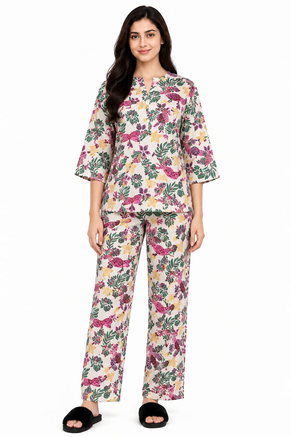Floral Garden V Neck 3/4th Sleeve Women's Night Suit