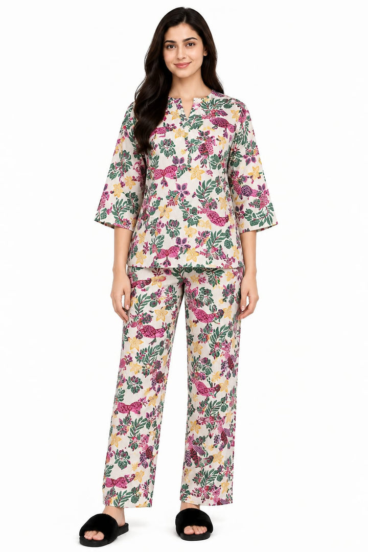 Floral Garden V Neck 3/4th Sleeve Women's Night Suit