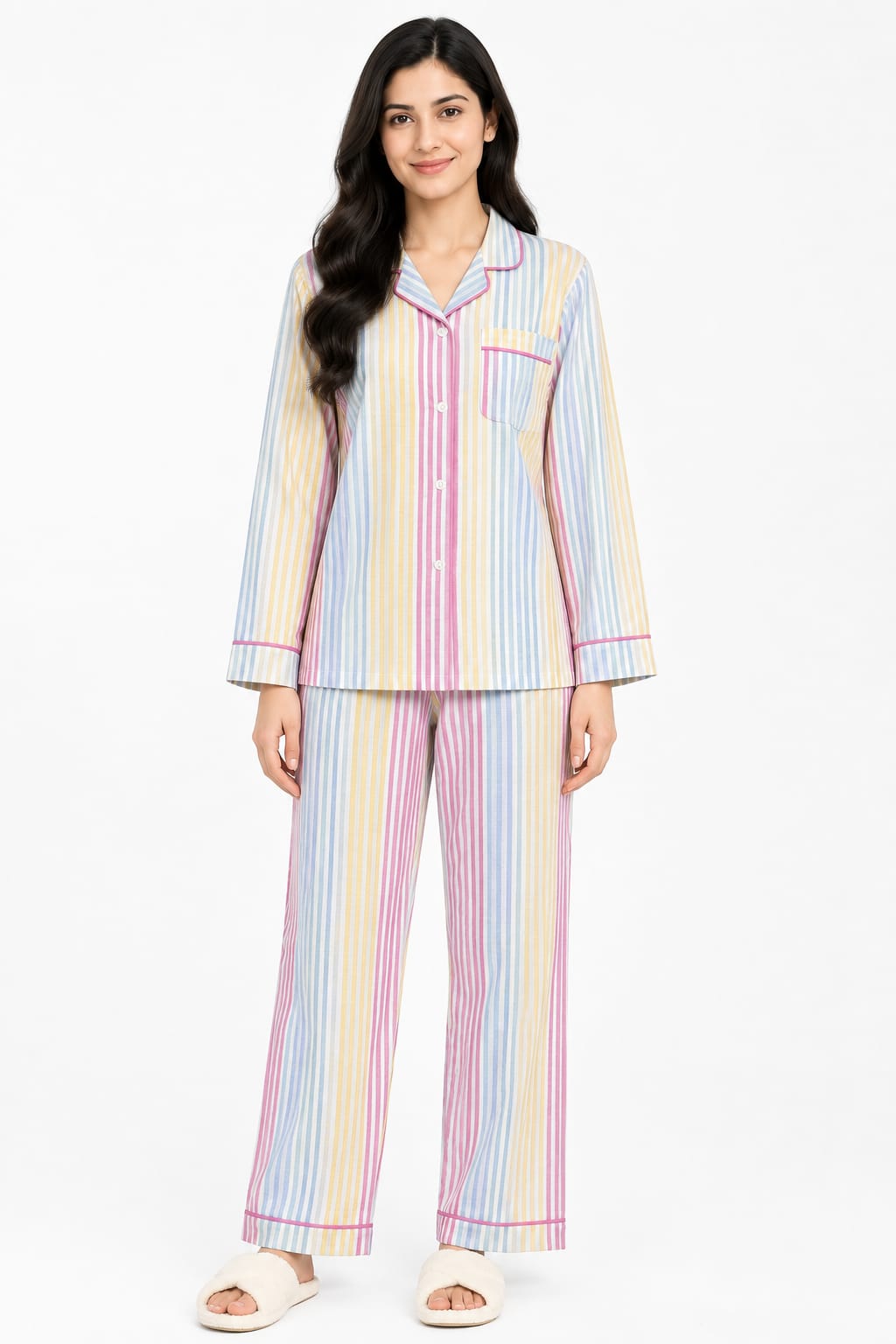 Rainbow Stripes Print Long Sleeve Women's Night Suit