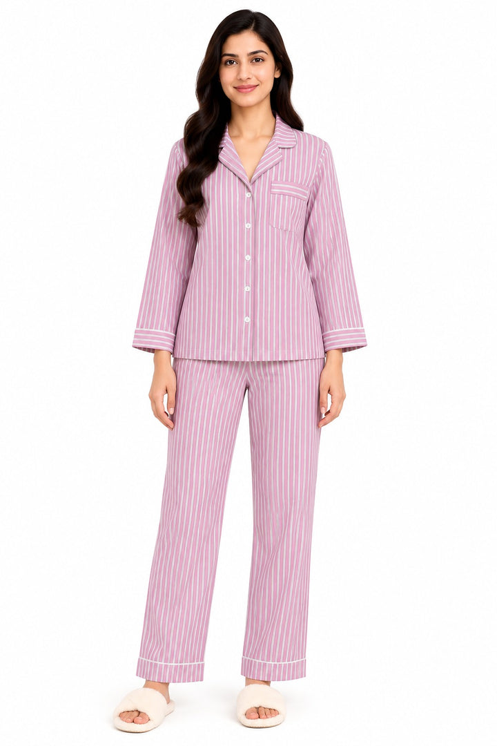 Pink Pinstripe Dream Print Long Sleeve Women's Night Suit