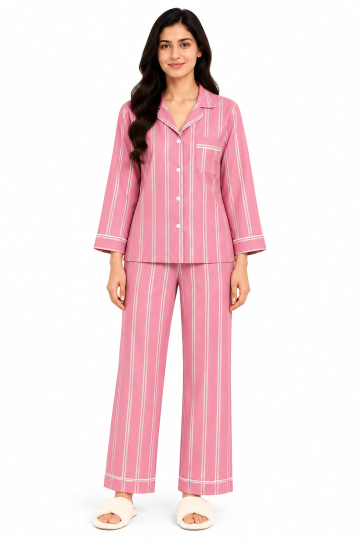 Pink Pearl Stripe Print Long Sleeve Women's Night Suit