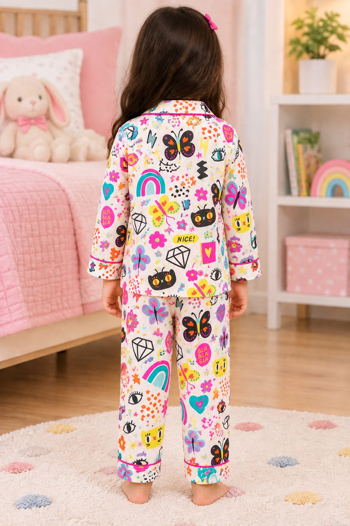 Happy Hearts & Rainbows Print Long Sleeve Kids Night Suit