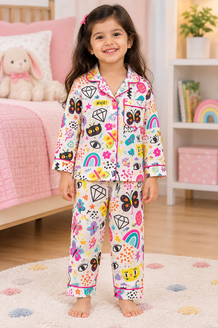 Happy Hearts & Rainbows Print Long Sleeve Kids Night Suit