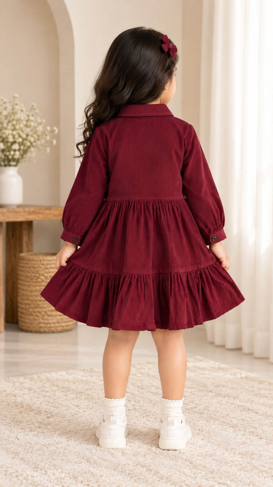 Burgundy Corduroy Tiered Dress