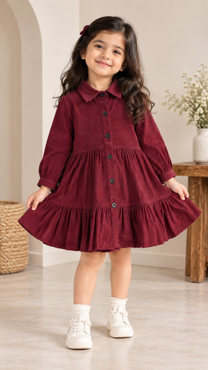 Burgundy Corduroy Tiered Dress