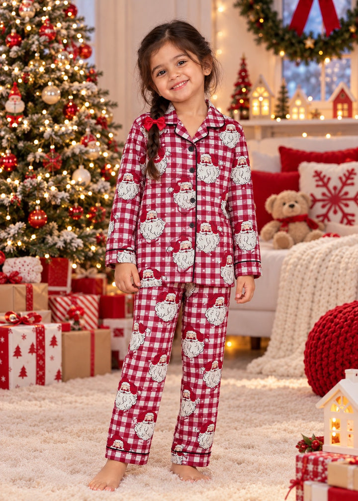 Merry Santa Gingham Cotton Flannel Long Sleeve Kids Night Suit