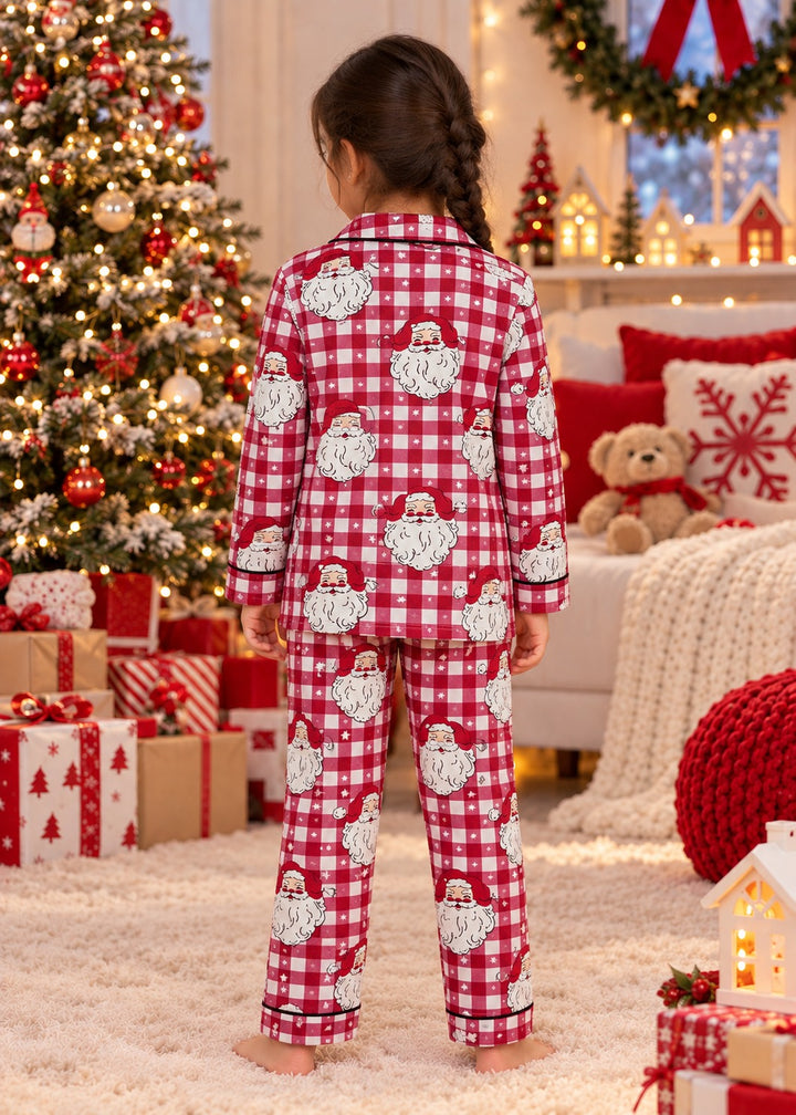 Merry Santa Gingham Cotton Flannel Long Sleeve Kids Night Suit
