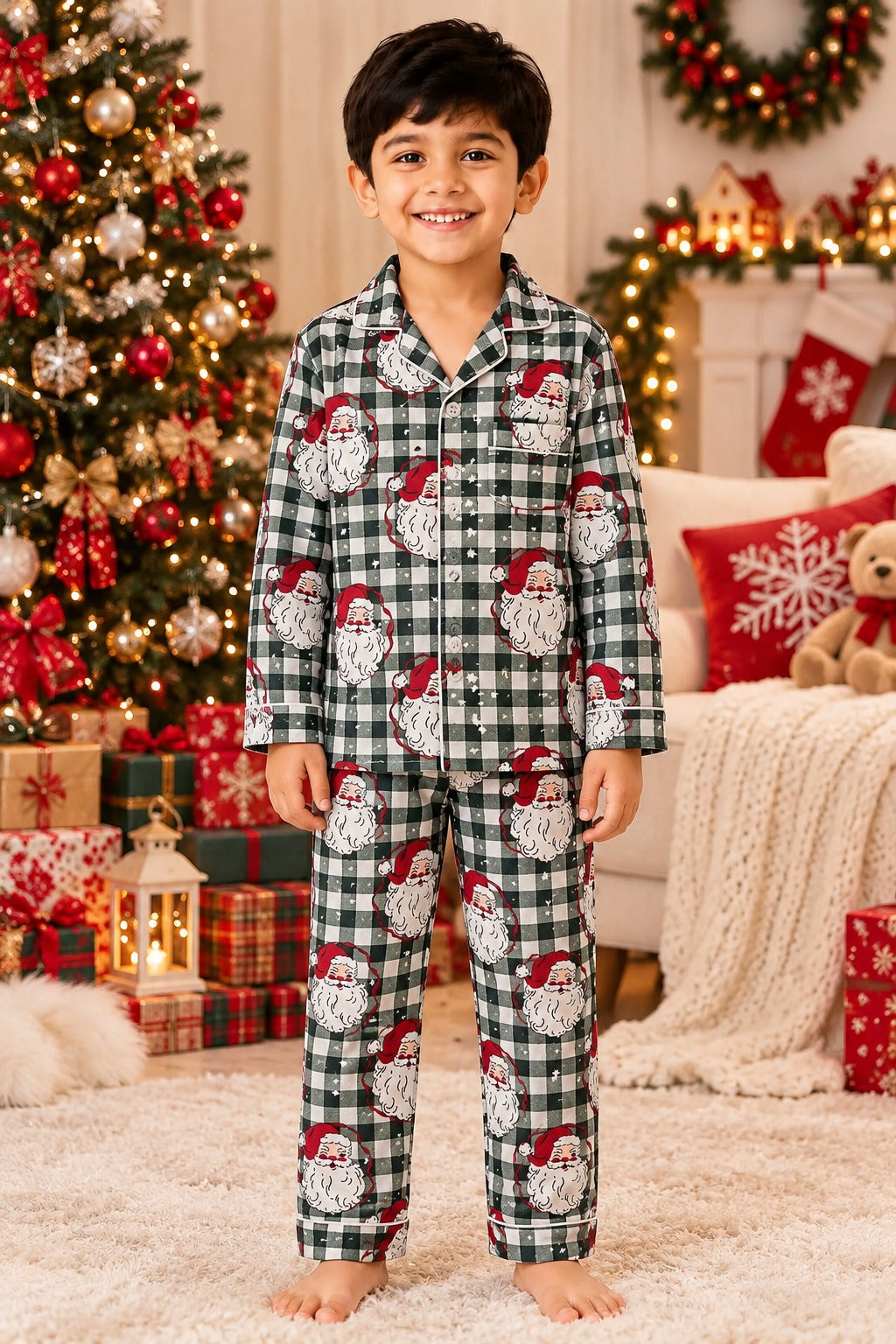 Christmas Santa Checks Cotton Flannel Long Sleeve Kids Night Suit
