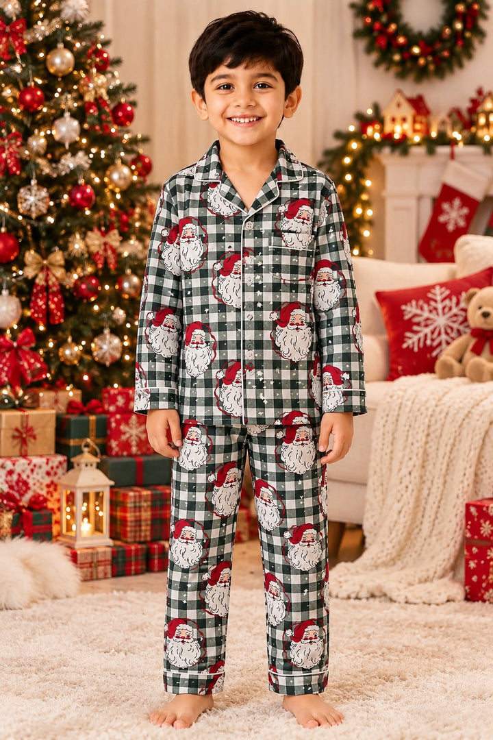 Christmas Santa Checks Cotton Flannel Long Sleeve Kids Night Suit